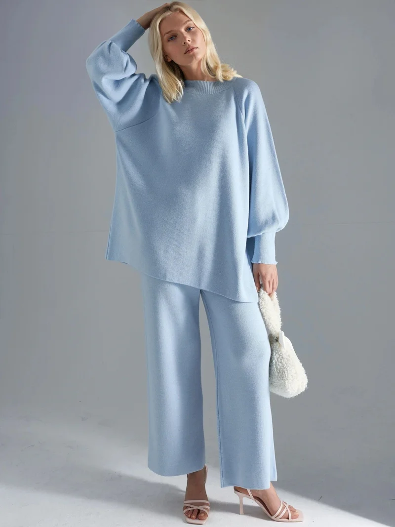 My Fashion Baby Blue MY FASHION Loose Fit Sweater & Pants Knit Co-ord Set for Women | Best Price UAE